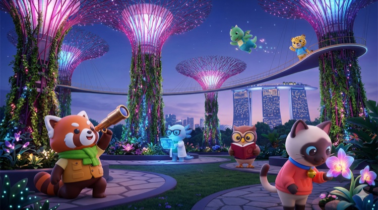The crew in Singapore's Gardens by the Bay — every story is generated fresh for your child