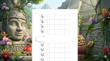 A printed WanderWords worksheet with stroke order grids for characters from today's story