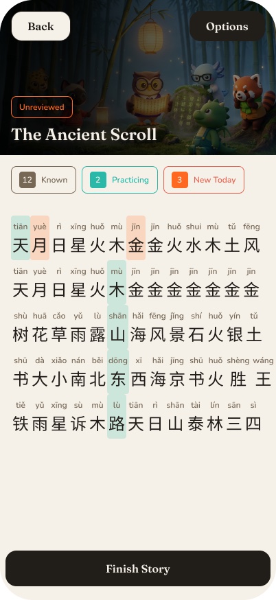 Read together — colour-coded characters