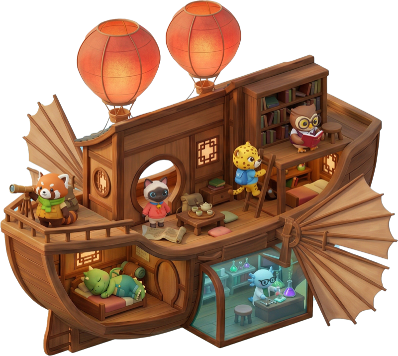 The WanderWords story-ship soaring above the clouds